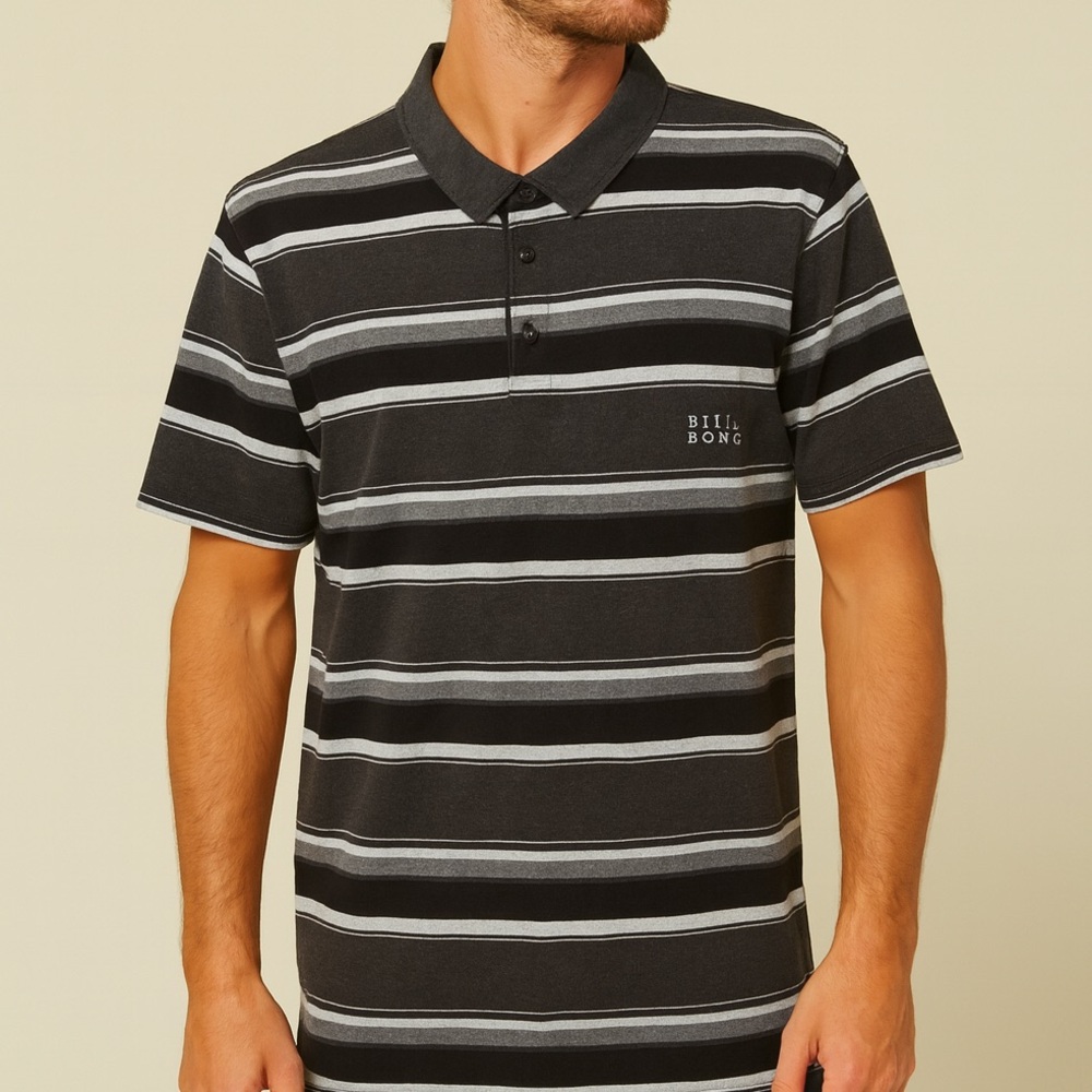 Billabong Striped Polo Shirt Cotton Blend Golf Skate Black Gray Tan Size L